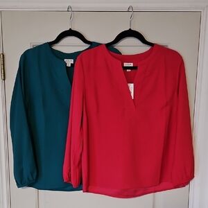 J. Crew Red 3/4 Sleeve Mandarin Collar Blouse